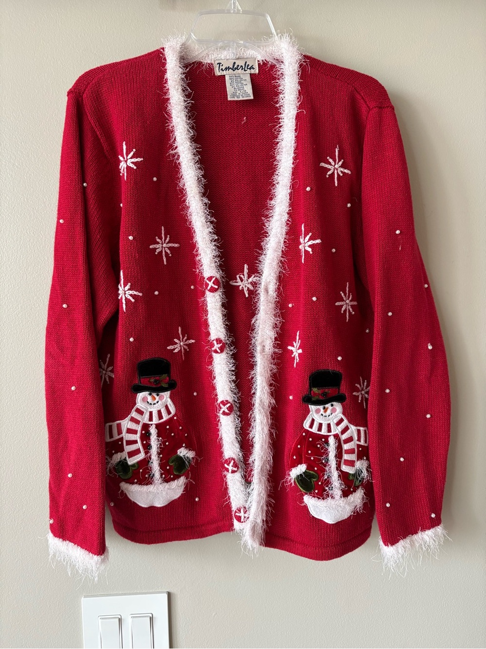 Festive Red Timber Lea Women’s Christmas Sweater Cardigan 3D Snowman Fluffy Trim